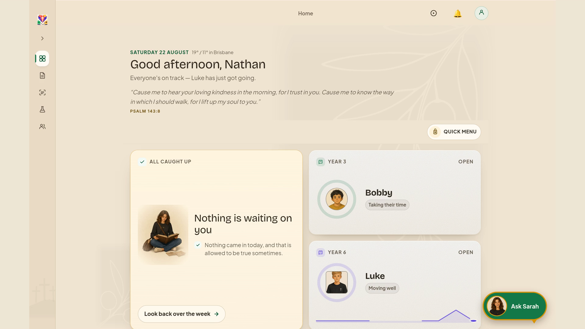 Cordia parent dashboard with a greeting, daily verse, all caught up panel and separate child status cards